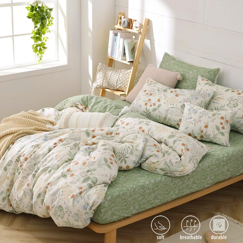 ALEISSEL 100% Natural Cotton 3pcs King Duvet Cover Sets-Green Duvet Cover with Red & Blue Flowers,Gray Leaves on Off-White,Reversible Comforter Cover Sets with Button Closure(King,Floral - Image 2