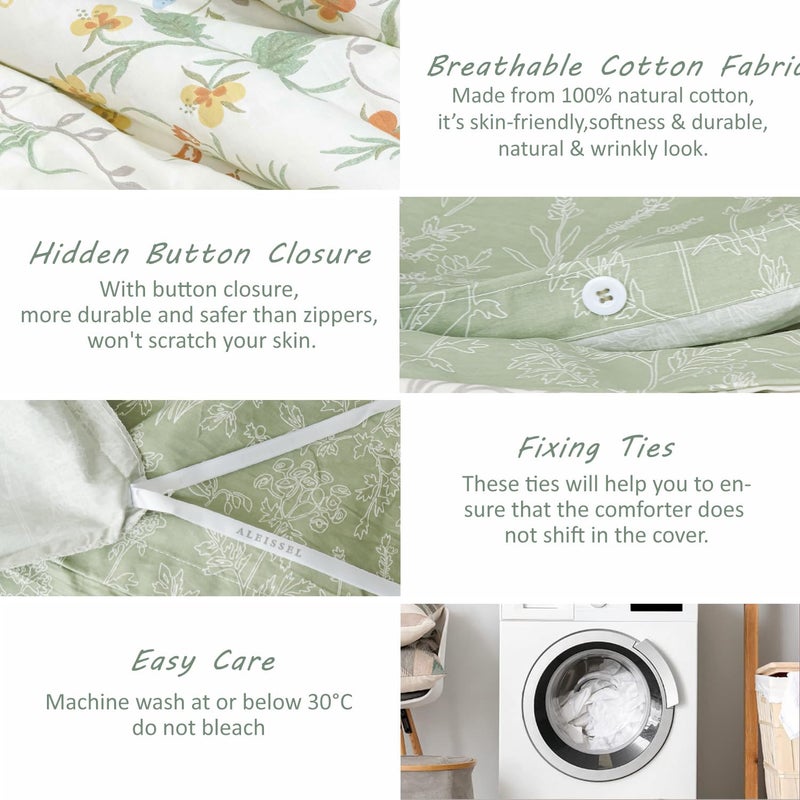 ALEISSEL 100% Natural Cotton 3pcs King Duvet Cover Sets-Green Duvet Cover with Red & Blue Flowers,Gray Leaves on Off-White,Reversible Comforter Cover Sets with Button Closure(King,Floral - Image 5