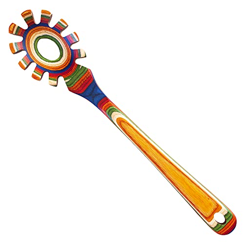 Totally Bamboo Baltique Marrakesh Collection Wooden Spaghetti Spoon – 12.5" Pasta Server with Teeth, Colorful Birch Wood Utensil for Portioning, Stirring & Serving Noodles - Image 1