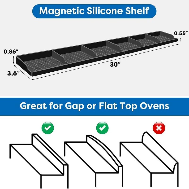 ALMEKAQUZ Stove Top Shelf 30 Inch, 2-Section Split Silicone Oven Storage Rack - Magnetic Shelf for Stove - 3 Functional Partitions Kitchen Spice Rack Organizer - Image 2