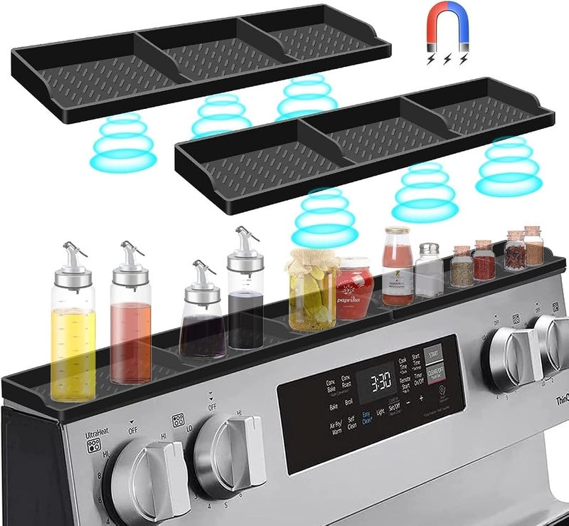 ALMEKAQUZ Stove Top Shelf 30 Inch, 2-Section Split Silicone Oven Storage Rack - Magnetic Shelf for Stove - 3 Functional Partitions Kitchen Spice Rack Organizer - Image 1
