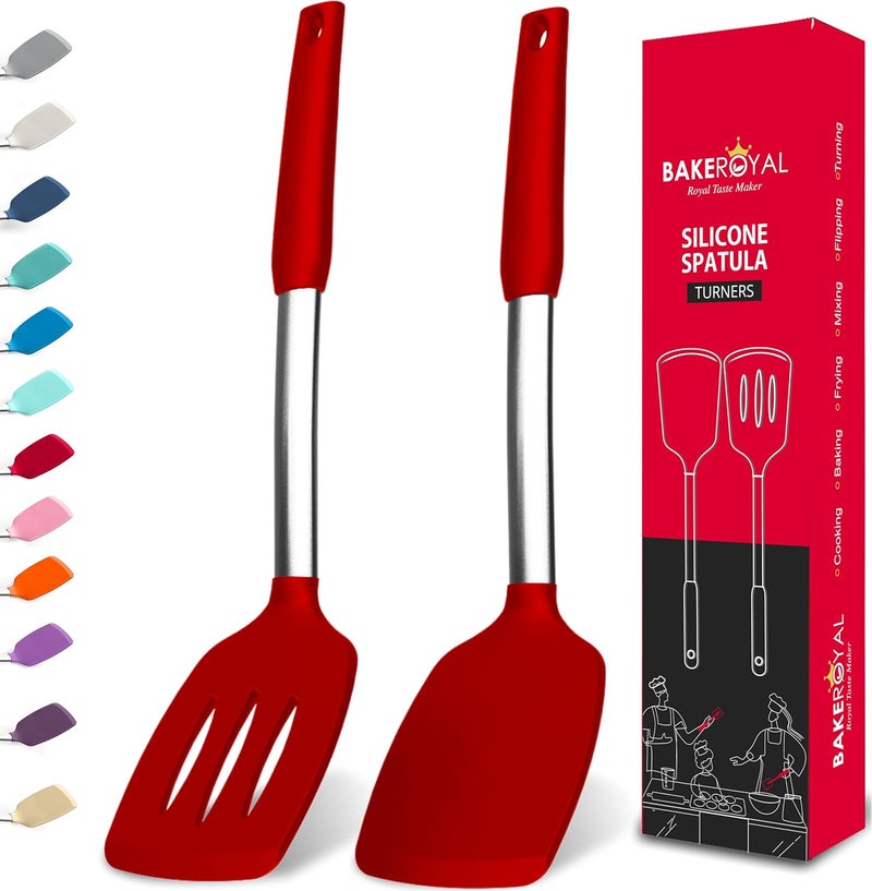 BAKEROYAL Silicone Spatula Set - Turner Spatulas Silicone Heat Resistant 600°F - Slotted & Solid Spatula for Cooking Fish, Eggs, Pancakes Flipper – Spatulas for kitchen use – Red - Image 1