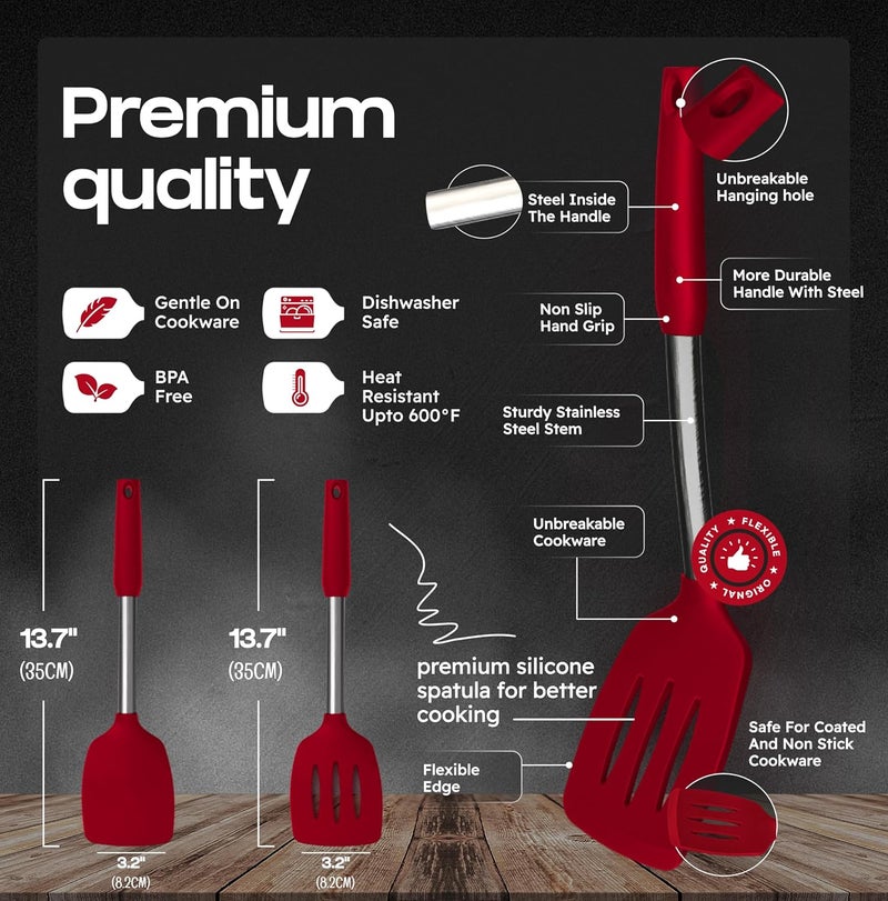 BAKEROYAL Silicone Spatula Set - Turner Spatulas Silicone Heat Resistant 600°F - Slotted & Solid Spatula for Cooking Fish, Eggs, Pancakes Flipper – Spatulas for kitchen use – Red - Image 2