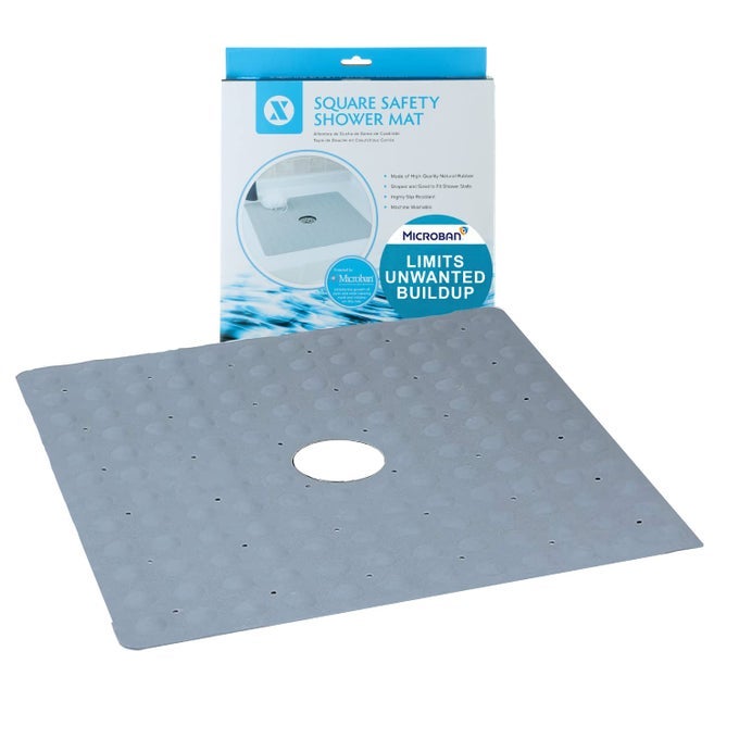 MICROBANINFUSED RUBBER SHOWER MAT 21 X 21 ANTISLIP SQUARE BATH MAT W 140 POWER GRIP SUCTION CUPS GRAY