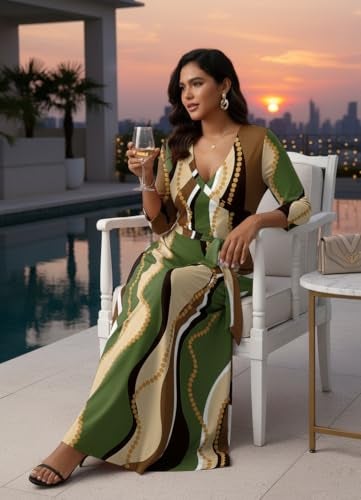 FANDEE Women's Maxi Dress V-Neck 3/4 Sleeve Casual Empire Waist Tie Belt Dress for Curvy Women - Image 4