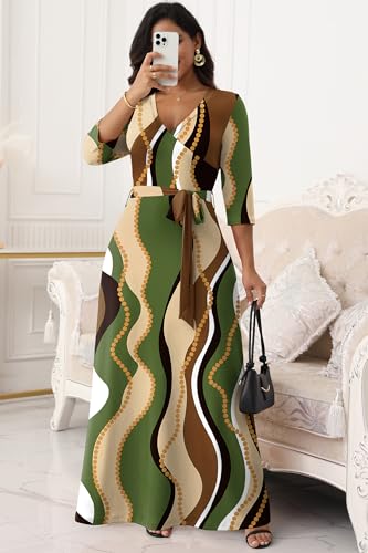 FANDEE Women's Maxi Dress V-Neck 3/4 Sleeve Casual Empire Waist Tie Belt Dress for Curvy Women - Image 3