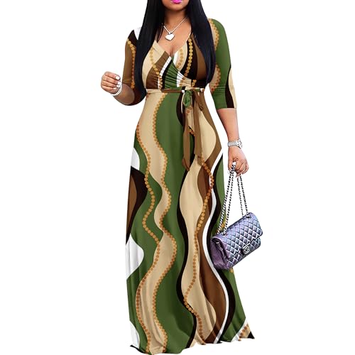 FANDEE Women's Maxi Dress V-Neck 3/4 Sleeve Casual Empire Waist Tie Belt Dress for Curvy Women - Image 1