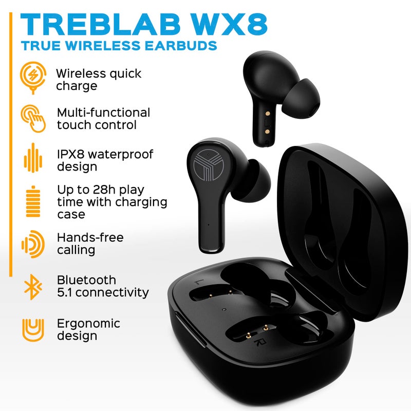 Treblab WX8 - True Wireless Earbuds with Pure Sound, Soft Silicone Ear Buds, IPX8 Waterproof, 28H Play, Wireless Charging, Noise Reduction Touch Control, In-Ear Bluetooth Headphones for Sports Running - Image 3