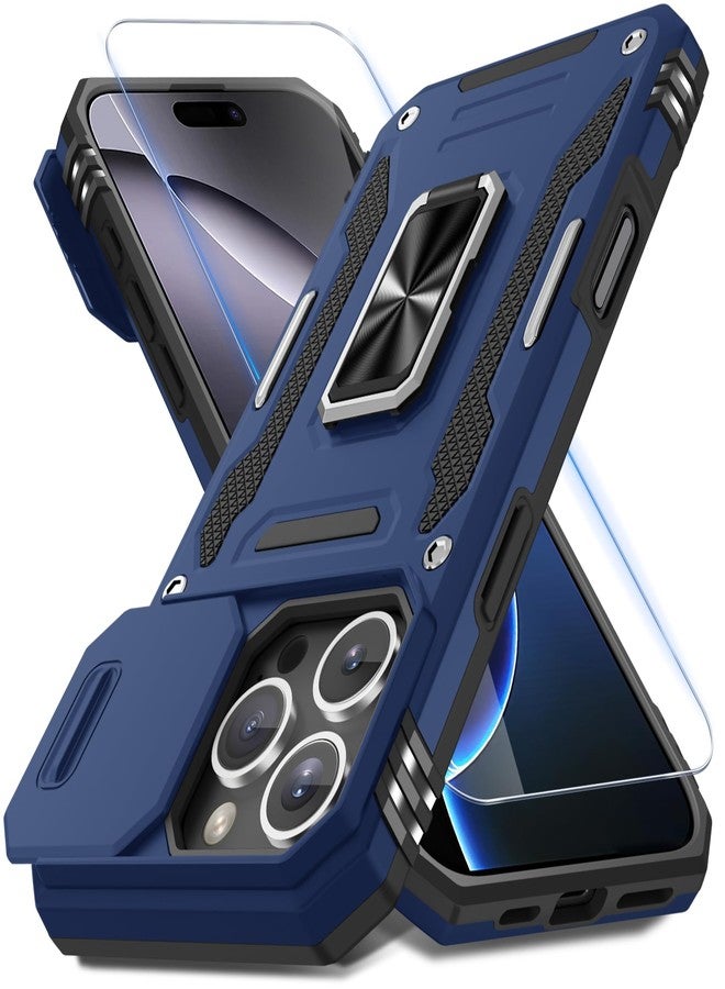 DEERLAMN جراب DEERLAMN لهاتف iPhone 16 Pro Max مع غطاء كاميرا منزلق + واقي شاشة (عبوة واحدة)، غطاء واقٍ مقاوم للصدمات بمسند حلقي دوار - أزرق داكن - Image 1