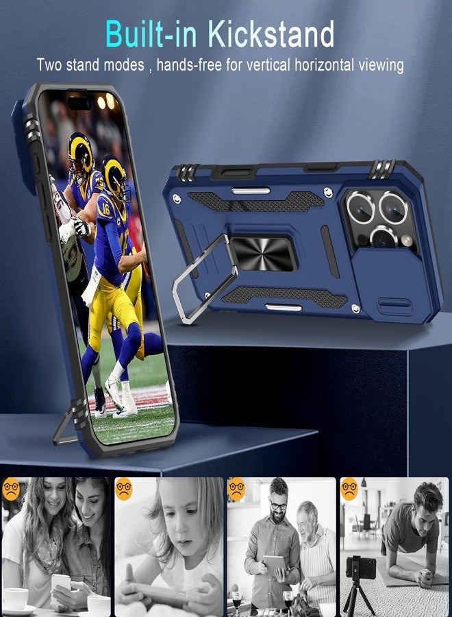 DEERLAMN جراب DEERLAMN لهاتف iPhone 16 Pro Max مع غطاء كاميرا منزلق + واقي شاشة (عبوة واحدة)، غطاء واقٍ مقاوم للصدمات بمسند حلقي دوار - أزرق داكن - Image 4