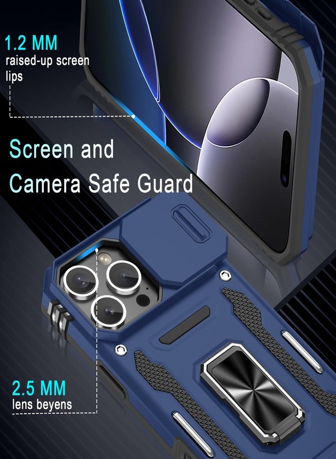 DEERLAMN جراب DEERLAMN لهاتف iPhone 16 Pro Max مع غطاء كاميرا منزلق + واقي شاشة (عبوة واحدة)، غطاء واقٍ مقاوم للصدمات بمسند حلقي دوار - أزرق داكن - Image 5