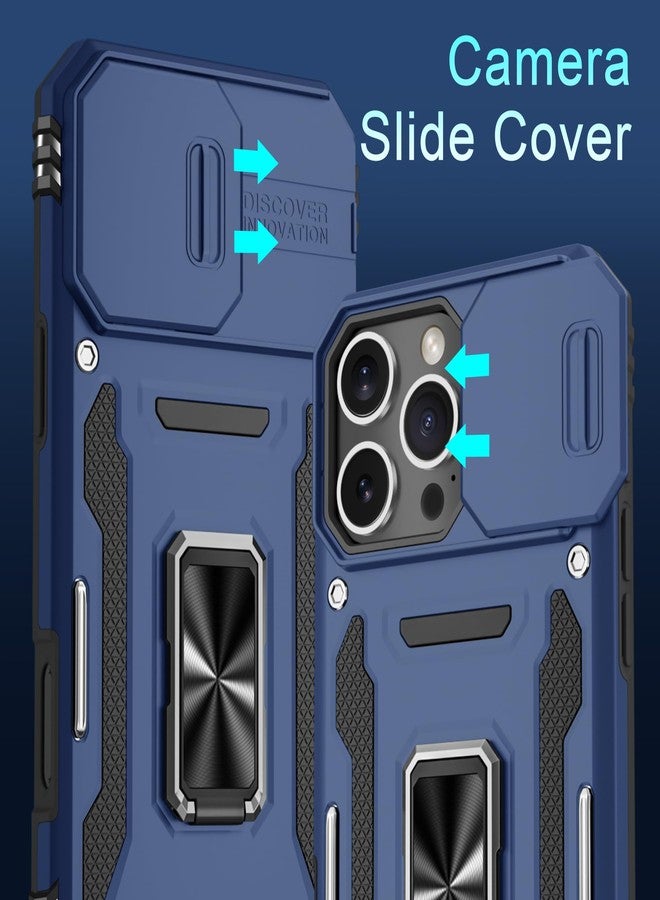 DEERLAMN جراب DEERLAMN لهاتف iPhone 16 Pro Max مع غطاء كاميرا منزلق + واقي شاشة (عبوة واحدة)، غطاء واقٍ مقاوم للصدمات بمسند حلقي دوار - أزرق داكن - Image 2