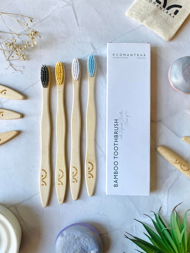 ECOMANTRAA Bamboo Toothbrush for Adults (Pack of 4) with 4 colours, Natural and organic toothbrush - Image 1