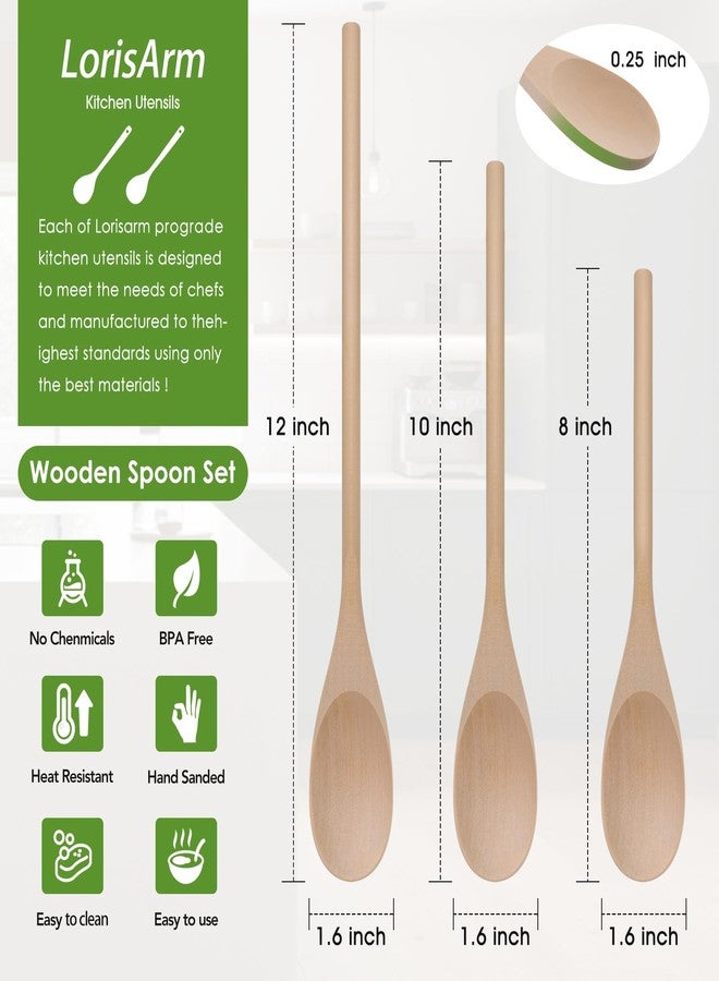 LorisArm 3PC Wooden Spoon for Cooking, Long handle 12" 10" 8" Wood Serving Spoons Set for Mixing Stirring Tasting, Maple Wood Nonstick Kitchen Utensils. - Image 2