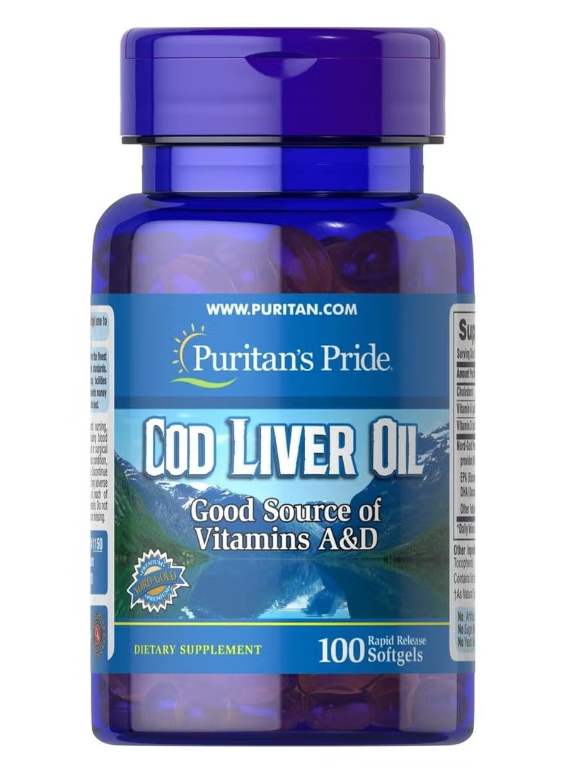 بي بي Puritan's Pride Cod Liver Oil 415 mg – 100 Softgels for Heart, Brain & Immune Support