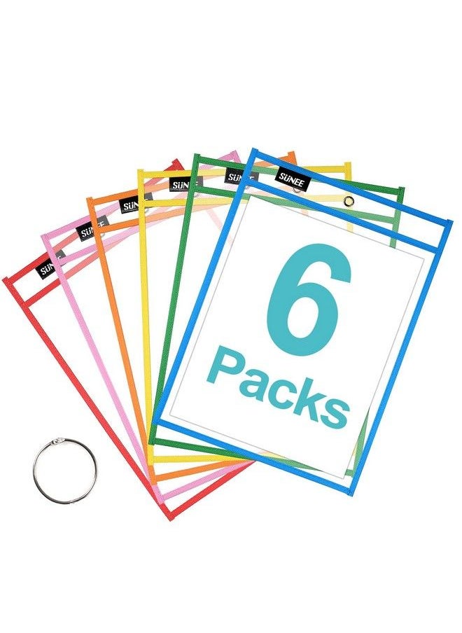 SUNEE 6 Packs Oversized Reusable Dry Erase Pocket Sleeves With Binder Ring 6 Assorted Colors 10X14 Ticket Holders Clear Plastic Sheet Protectors Teacher School Classroom Supplies  - Image 2
