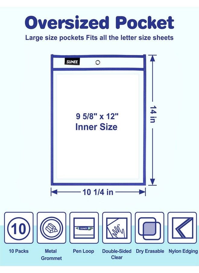 SUNEE 6 Packs Oversized Reusable Dry Erase Pocket Sleeves With Binder Ring 6 Assorted Colors 10X14 Ticket Holders Clear Plastic Sheet Protectors Teacher School Classroom Supplies  - Image 3
