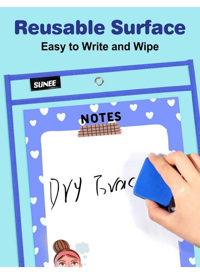 SUNEE 6 Packs Oversized Reusable Dry Erase Pocket Sleeves With Binder Ring 6 Assorted Colors 10X14 Ticket Holders Clear Plastic Sheet Protectors Teacher School Classroom Supplies  - Image 4