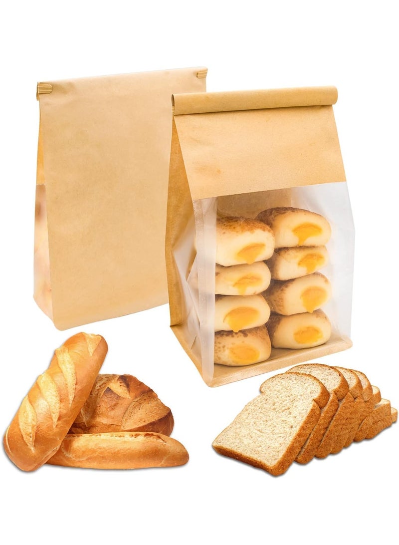 50pcs Bakery Bags With Window - 5.1x3.9x11 Inches Tin Tie Tab Lock Kraft Paper for Cookie Packaging, Bread (Brown, 50 Count) - Image 1