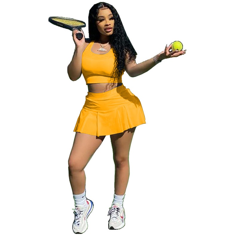 Elegant Pleated Casual Womens Two-Piece Outfit Set Yellow 