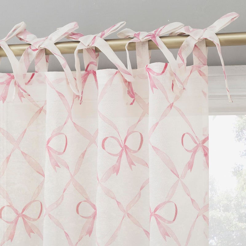 Sun Zero Romy Generation Lattice Bows Sheer Tie Top Curtain Panel, 50" x 63", Pink - Image 1