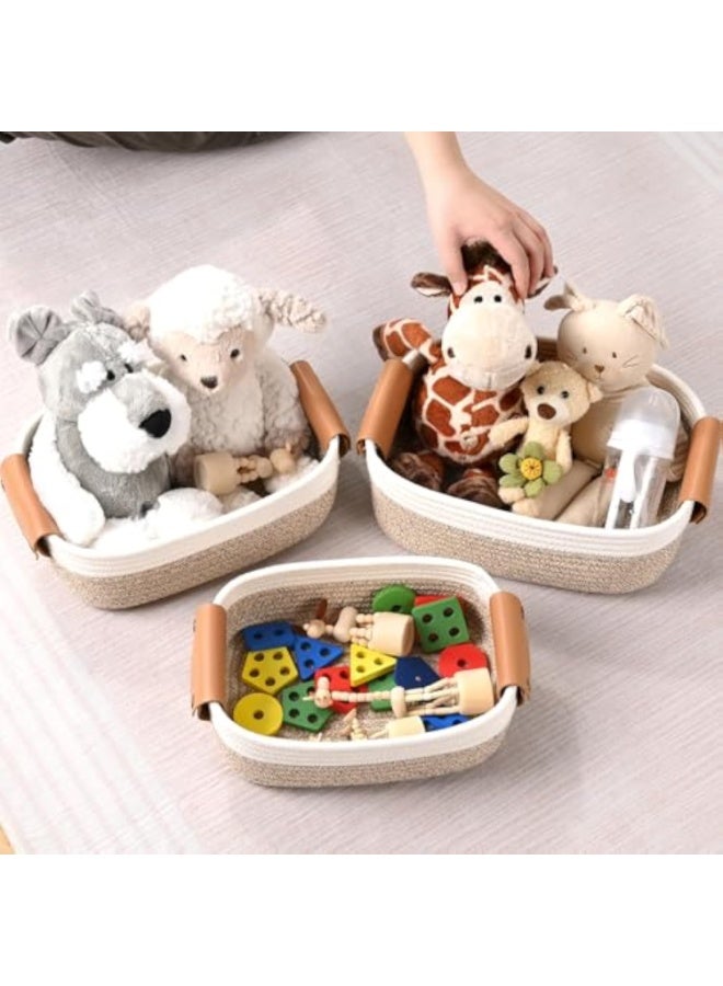 Arabest Storage Basket Set of 6 - 4 with Leather Handle & 2 Small Gift Baskets - Woven Storage Cotton Rope Basket for Organizing, Rectangle Bins for Shelves, Nursery, Dog Toy, Bathroom - Image 3