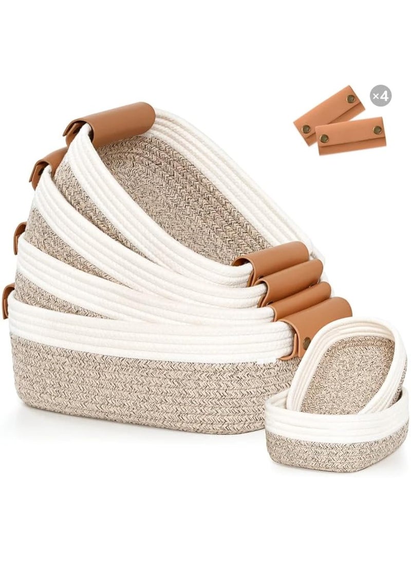 Arabest Storage Basket Set of 6 - 4 with Leather Handle & 2 Small Gift Baskets - Woven Storage Cotton Rope Basket for Organizing, Rectangle Bins for Shelves, Nursery, Dog Toy, Bathroom - Image 1