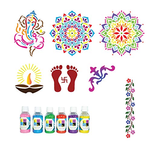 SWAGSTATION Mandala Rangoli Stencils Set Rangoli Stencils Big Size for Floor (Set of 7 Stencil, 6 Rangoli Colors Set, Decorative Stencils Combo 61WS0771) Mandala Rangoli Making Tools Kit, Multi - Image 2