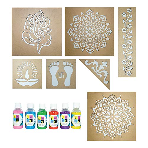 SWAGSTATION Mandala Rangoli Stencils Set Rangoli Stencils Big Size for Floor (Set of 7 Stencil, 6 Rangoli Colors Set, Decorative Stencils Combo 61WS0771) Mandala Rangoli Making Tools Kit, Multi - Image 5