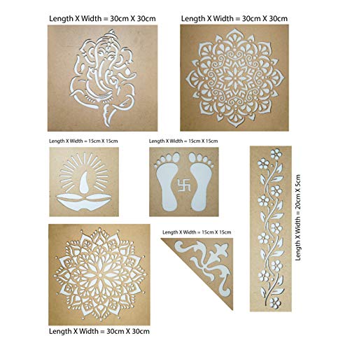 SWAGSTATION Mandala Rangoli Stencils Set Rangoli Stencils Big Size for Floor (Set of 7 Stencil, 6 Rangoli Colors Set, Decorative Stencils Combo 61WS0771) Mandala Rangoli Making Tools Kit, Multi - Image 3