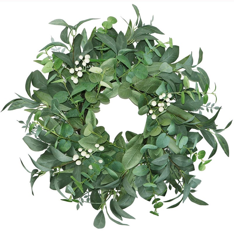 BINFEN 20"-22“ Green Eucalyptus Wreath for Front Door with White Berries - Lifelike Spring, Summer, Fall, and Winter Farmhouse Home Decor for Porch, Window, Wall, and Fireplace - Image 1