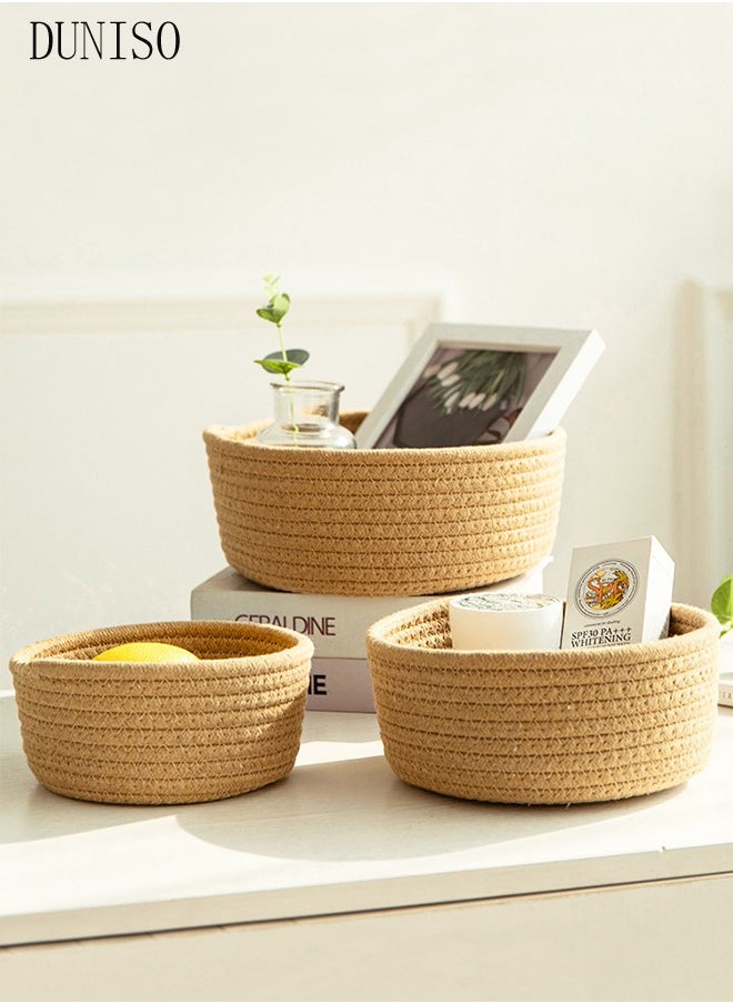 DUNISO 3-Pieces Cotton Storage Basket , Small Woven Basket, Desktop Storage Basket,Cotton Rectangle Woven Baskets For Storaging Toys, Snacks,Stationery,Sundries,Brown  - Image 1