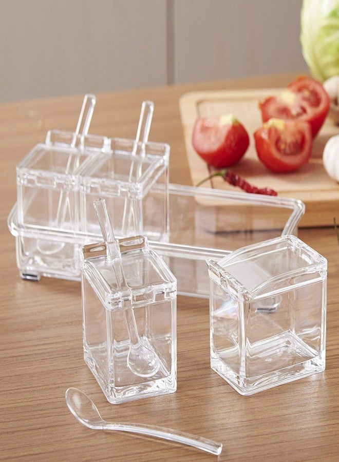 RHYDON Multipurpose Acrylic 4 Grid Condiment Jars with Serving Spoons, Spice Jar Dispenser Masala Storage Container Case Crystal Seasoning Box For Kitchen Spice Rack Organizer (Transparent) - Image 3
