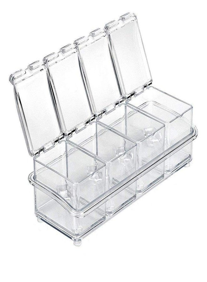RHYDON Multipurpose Acrylic 4 Grid Condiment Jars with Serving Spoons, Spice Jar Dispenser Masala Storage Container Case Crystal Seasoning Box For Kitchen Spice Rack Organizer (Transparent) - Image 1
