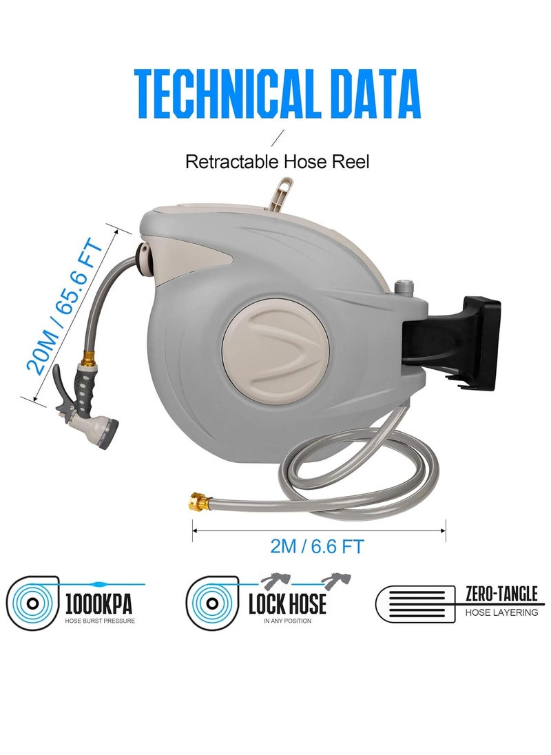 Retractable Hose Reel 65.6 FT + 6.6 FT – Heavy Duty Auto Rewind Garden Hose Reel with 9-Pattern Nozzle, Any Length Lock, Slow Return System, 180° Swivel Bracket – Wall Mounted for Lawn, Car Wash, Pets & More
