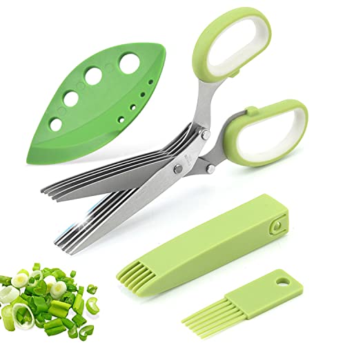AWinjoy Herb Scissors Set,Multipurpose 5 Blade Kitchen Herb Cutter with Safety Cover and Cleaning Comb for Cutting Shredded Lettuce, Cilantro Fresh, Green Onion Fresh and etc. - Image 1