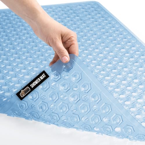 GORILLA GRIP Patented Bath Tub Shower Mat, Machine Washable Bathtub Floor Liner Mats, Suction Cups and Drain Holes to Keep Tubs Clean, Soft on Feet, Bathroom Essentials, 35x16 Inch, Clear Blue - Image 1