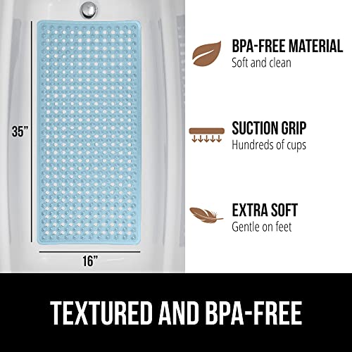 GORILLA GRIP Patented Bath Tub Shower Mat, Machine Washable Bathtub Floor Liner Mats, Suction Cups and Drain Holes to Keep Tubs Clean, Soft on Feet, Bathroom Essentials, 35x16 Inch, Clear Blue - Image 5