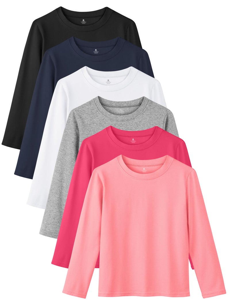 Resinta 6 Pack Cotton Girls Long Sleeve Shirts Toddlers Cotton Long Sleeve Tees Basic Crewneck Tops for Girls Daily Wear, Black, Navy, Light Grey, White, Pink, Hot Pink a, 7-8 Years - Image 1