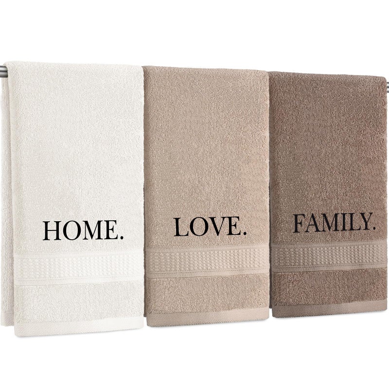 FuWeave 3 Pcs Farmhouse Decorative Hand Towels for Bathroom and Kitchen Rustic Embroidered Cotton Hand Towels Decorative Set for Boho Bathroom Decor(Brown,Home,Love,Family) - Image 1