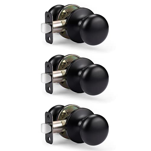 KNOBWELL 3 Pack Passage Door Knobs for Hallway or Closet Door Knobs, Matte Black Interior Door Knobs, Keyless Doorknobs Non-Locking Round Door Handle, Black Door Knob Interior - Image 1