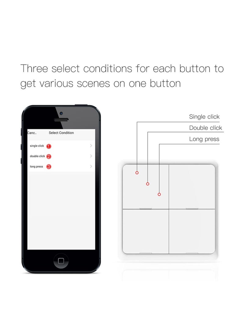 Wireless Smart Scene Switch Button, Tuya Battery-Powered, 12 Scene Controller Light Switch, Smart DIY Control, No Wiring Needed, 4 Gang for Home Automation (White)