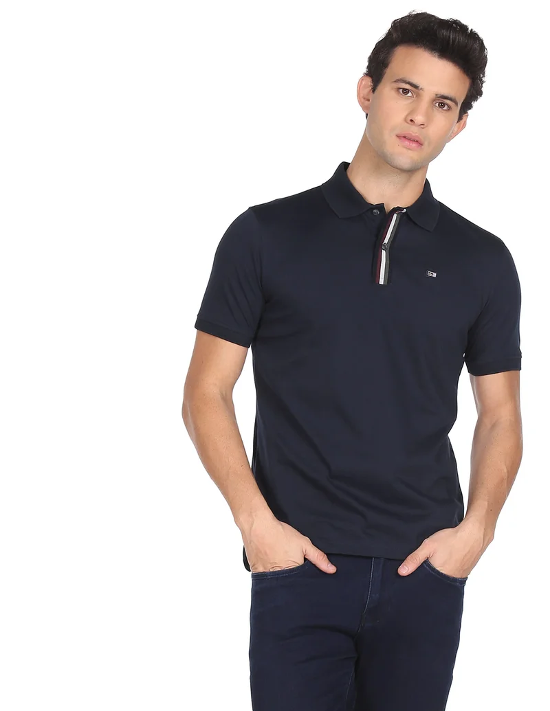 Striped Placket Solid Polo Shirt