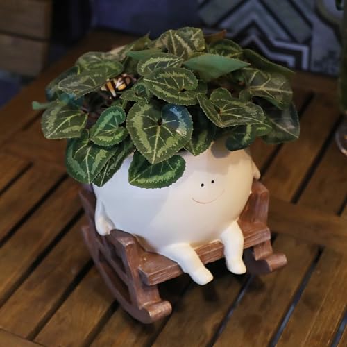UMESONG Smily Face Planter Pot Cute Resin Flower Head Planters for Indoor Outdoor Plants Unique Sitting Rocking Chairs Succulent Pots for String of Pearls Plant Live Gift Ideals with Drainage Hole - Image 5