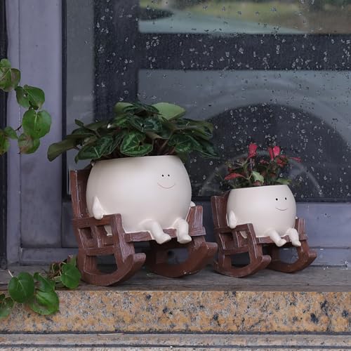 UMESONG Smily Face Planter Pot Cute Resin Flower Head Planters for Indoor Outdoor Plants Unique Sitting Rocking Chairs Succulent Pots for String of Pearls Plant Live Gift Ideals with Drainage Hole - Image 4