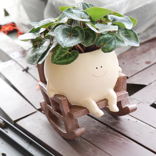 UMESONG Smily Face Planter Pot Cute Resin Flower Head Planters for Indoor Outdoor Plants Unique Sitting Rocking Chairs Succulent Pots for String of Pearls Plant Live Gift Ideals with Drainage Hole - Image 1