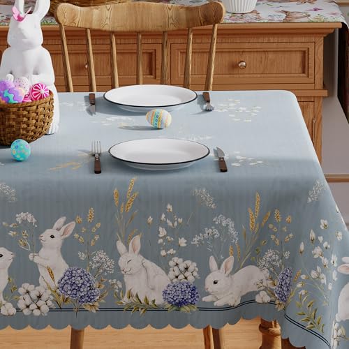 Siilues Easter Tablecloth Rectangle 60x84 Inch Washable Blue Floral Bunny Easter Table Cloth Seasonal Spring Waterproof Scalloped Edge Fabric Home Party Picnic Dining Table Cover Decorations - Image 3