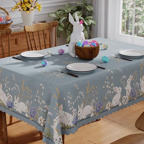 Siilues Easter Tablecloth Rectangle 60x84 Inch Washable Blue Floral Bunny Easter Table Cloth Seasonal Spring Waterproof Scalloped Edge Fabric Home Party Picnic Dining Table Cover Decorations - Image 1