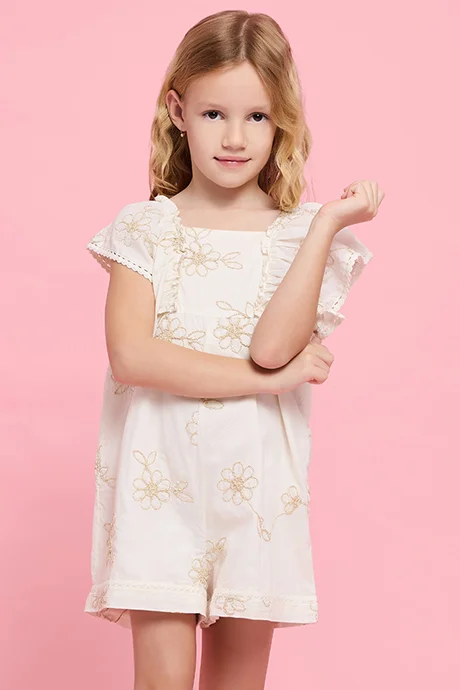R&B Embroidered Romper with Square Neck and Flutter Sleeves