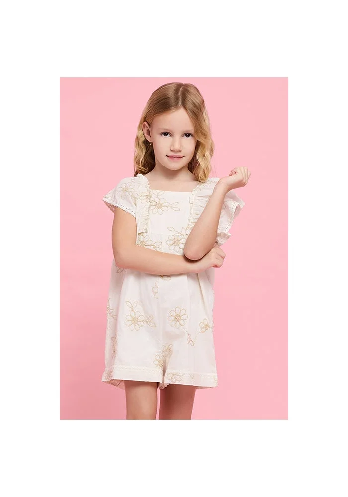 أر أند بي Embroidered Romper with Square Neck and Flutter Sleeves